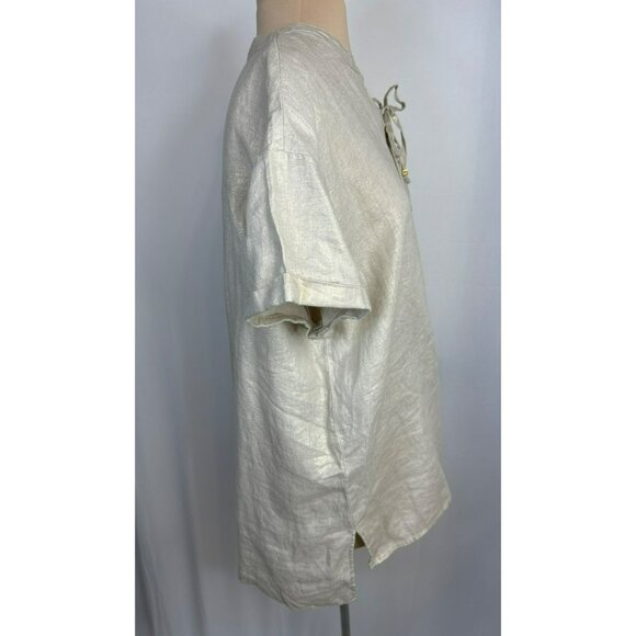 Ellen Tracy Womens XL Beige Linen Short Sleeve Lace-Up Blouse Top - Picture 3 of 9